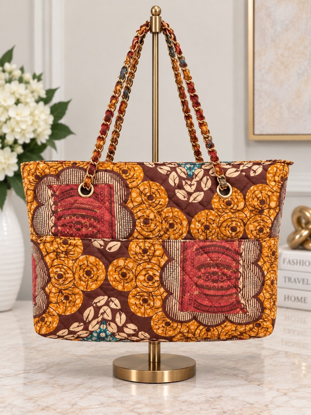 Boho Patchwork Quilted Cotton Tote Bag Gold Chain Strap Shoulder Tribal Earthy